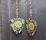 Tan Flowers on a Black Background Guitar Pick Earrings with Tan Swarovski Crystals