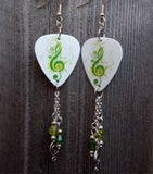 Green G Clef Guitar Pick Earrings with Swarovski Crystal Dangles