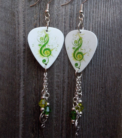 Green G Clef Guitar Pick Earrings with Swarovski Crystal Dangles