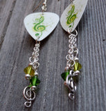 Green G Clef Guitar Pick Earrings with Swarovski Crystal Dangles