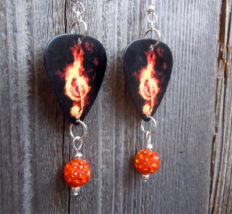Clef Made of Flames Guitar Pick Earrings with Orange Pave Dangle
