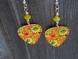 Yellow Flowers on an Orange Background Guitar Pick Earrings with Yellow Opal Swarovski Crystals