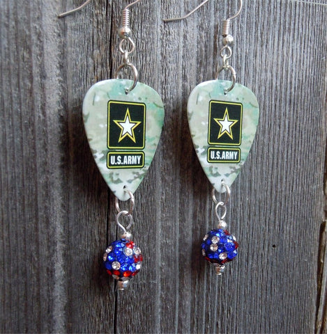 U.S. Army Ensignia Camo Guitar Pick Earrings with American Flag Pave Bead Dangles