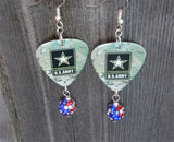 U.S. Army Ensignia Camo Guitar Pick Earrings with American Flag Pave Bead Dangles