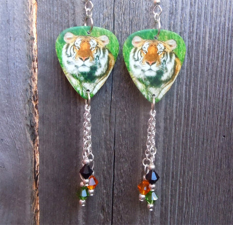 Tiger in the Grass Guitar Pick Earrings with Swarovski Crystal Dangles