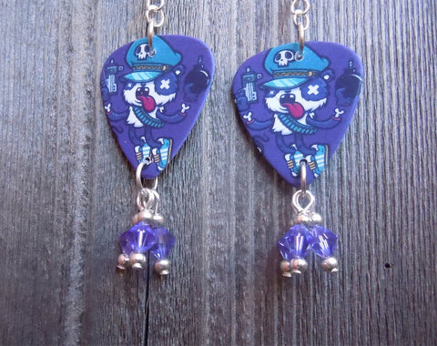 Gangster Panda Guitar Pick Earrings with Purple Swarovski Crystal Dangles