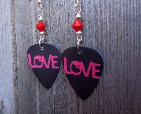 Black and Red Love Guitar Pick Earrings with Red Swarovski Crystals