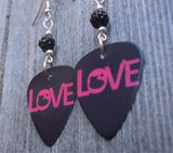 Love Written in Red Guitar Pick Earrings with a Small Black Pave Bead