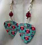 CLEARANCE Blue with Pink Owls Guitar Pick Earrings with Fuchsia Pave Beads