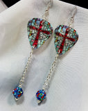 Cross on Stained Glass Guitar Pick Earrings with MultiColor Pave Bead Dangle