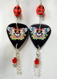 Winged Black Cat Guitar Pick Earrings with Swarovski Crystal and Chain Dangles