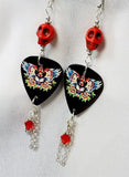 Winged Black Cat Guitar Pick Earrings with Swarovski Crystal and Chain Dangles