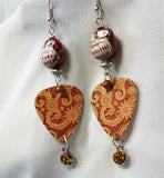 Owl Glass Bead Guitar Pick Earrings with Crystal Charm Dangles