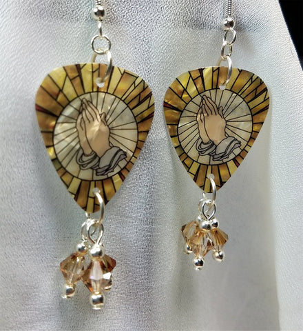 Praying Hands on Stained Glass Guitar Pick Earrings with Swarovski Crystal Dangles