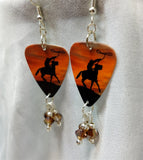 Cowboy on a Horse Guitar Pick Earrings with Brown Swarovski Crystal Dangles
