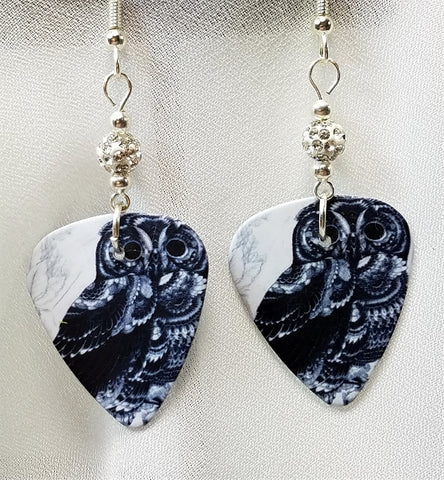 Owl Guitar Pick Earrings with Small White Pave Beads