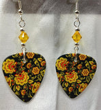 Yellow and Orange Flowers on Black Background Guitar Pick Earrings with Golden Yellow Swarovski Crystals