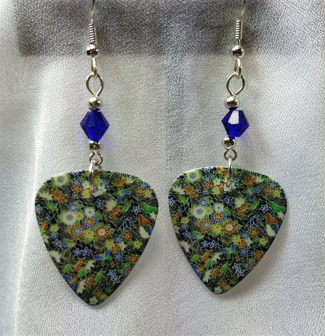 Flowered Guitar Pick Earrings with Cobalt Blue Swarovski Crystals