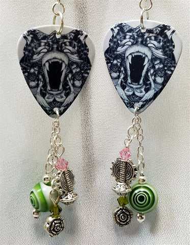 Black and White Bear Guitar Pick Earrings with Bead Dangles