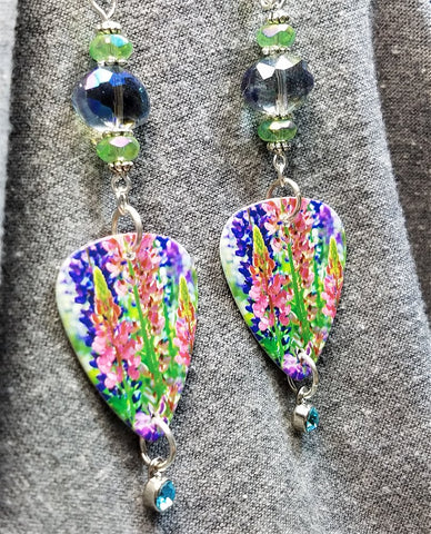 Flower Garden Guitar Pick Earrings with Sparkling Glass Beads and Crystal Charm Dangles