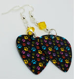 Colorful Paw Print Guitar Pick Earrings with Yellow Swarovski Crystals