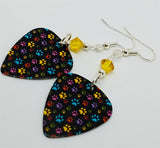 Colorful Paw Print Guitar Pick Earrings with Yellow Swarovski Crystals