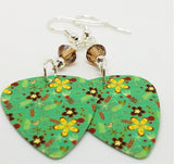 Brown and Yellow Flowered Guitar Pick Earrings with Smoked Topaz Swarovski Crystals