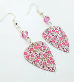 Beautiful Pink Flowers Guitar Pick Earrings with Pink Swarovski Crystals