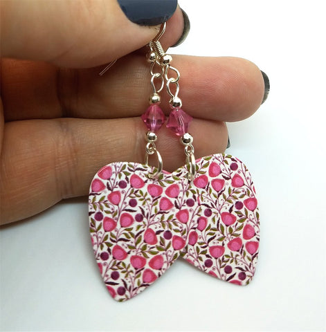 Beautiful Pink Flowers Guitar Pick Earrings with Pink Swarovski Crystals