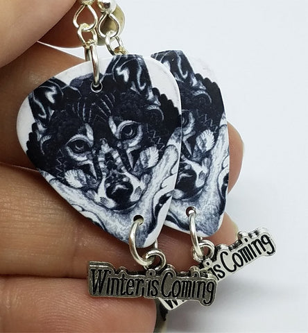 Black and White Wolf Guitar Pick Earrings with Winter is Coming Charm Dangles