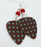 Black, Red and White Flowered Guitar Pick Earrings with Red Pave Beads