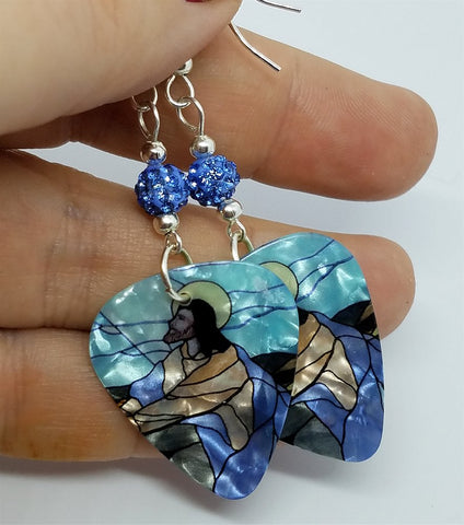 Jesus Praying in the Garden of Gethsemane Guitar Pick Earrings with Blue Pave Beads
