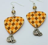 Orange and Brown Argyle Guitar Guitar Pick Earrings with Swarovski Crystals and Pumpkin Charm Dangles