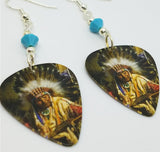 Native American with Headdress Guitar Pick Earrings with Turquoise Colored Swarovski Crystals