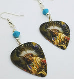 Native American with Headdress Guitar Pick Earrings with Turquoise Colored Swarovski Crystals