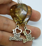 Support Our Troops Camo Guitar Pick Earrings with I Love My Soldier Charm Dangles