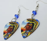 Native American with Headdress Guitar Pick Earrings with Blue Swarovski Crystals