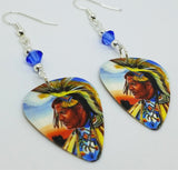 Native American with Headdress Guitar Pick Earrings with Blue Swarovski Crystals