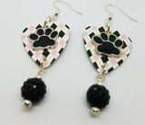 Paw Print Charm on a Pink and Black Argyle Guitar Pick Earrings with Black Pave Beads
