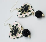 Paw Print Charm on a Pink and Black Argyle Guitar Pick Earrings with Black Pave Beads