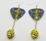 Yellow Cross on Stained Glass Guitar Pick Earrings with Pale Yellow Pave Bead Dangles
