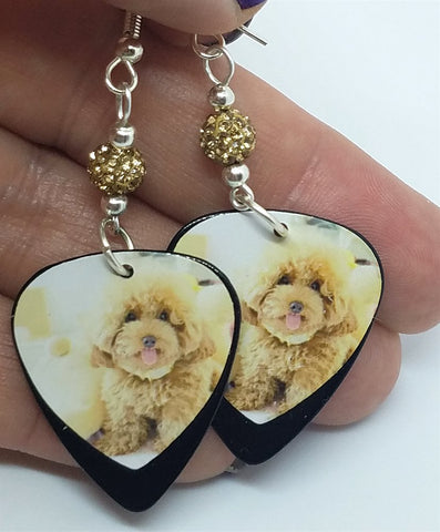 Tan Fluffy Poodle Guitar Pick Earrings with Tan Pave Beads