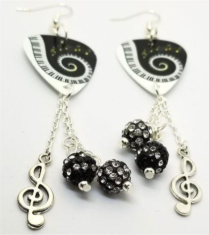 Piano Keys and Sheet Music Guitar Pick Earrings with Clef Charm and Pave Bead Dangles