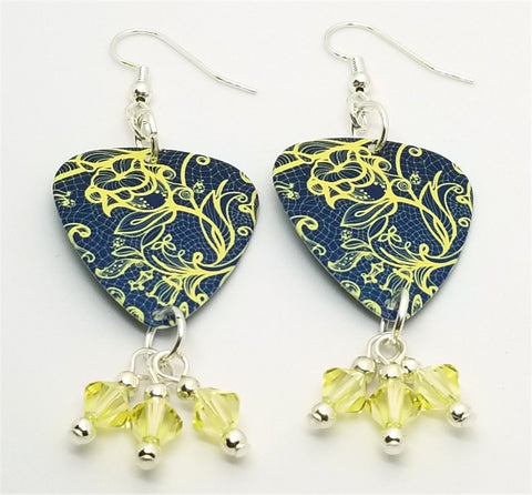 Yellow Floral Pattern on Blue Guitar Pick Earrings with Pale Yellow Swarovski Crystal Dangles