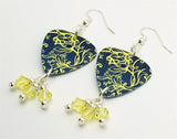 Yellow Floral Pattern on Blue Guitar Pick Earrings with Pale Yellow Swarovski Crystal Dangles