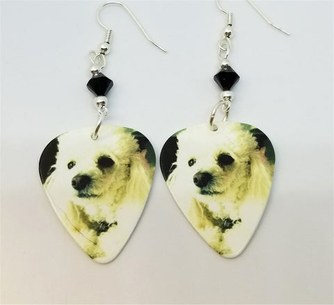 White Mini Poodle Guitar Pick Earrings with Black Swarovski Crystals