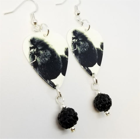 Black Fluffy Poodle Guitar Pick Earrings with Black Pave Bead Dangles
