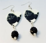 Black Fluffy Poodle Guitar Pick Earrings with Black Pave Bead Dangles