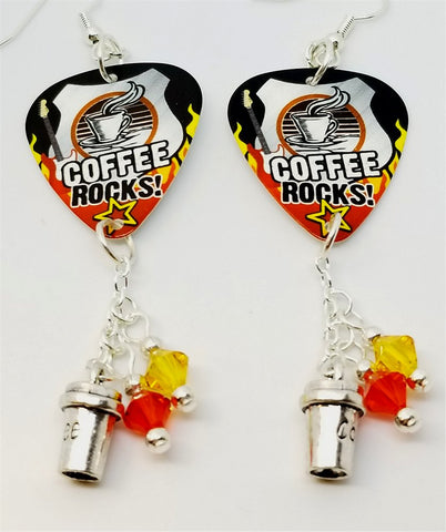 Coffee Rocks Guitar Pick Earrings with Coffee Cup Charm and Swarovski Crystal Dangles