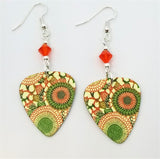 Orange and Green Round Flowered Guitar Pick Earrings with Orange Swarovski Crystals